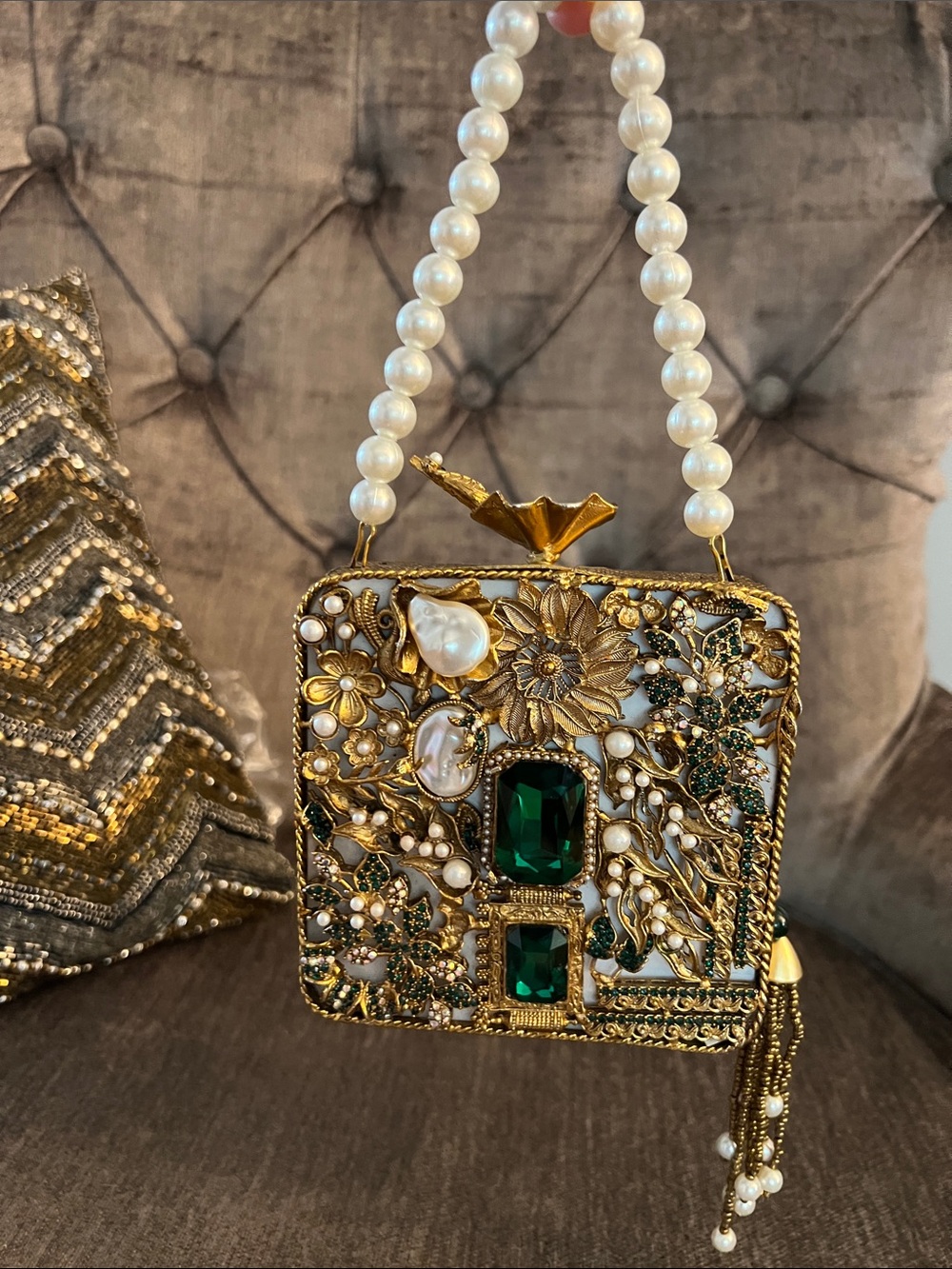 Gold Beaded Pearl Handle Evening Bag with Emerald Accents
